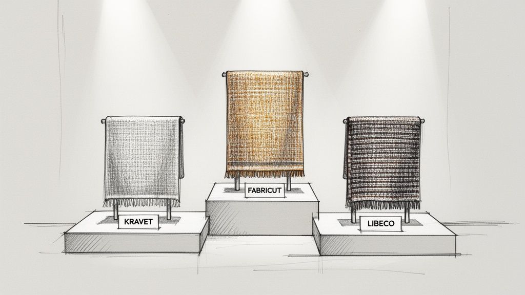 A sketch illustrating three fabric samples from Kravet, Fabricut, and Libeco on display.