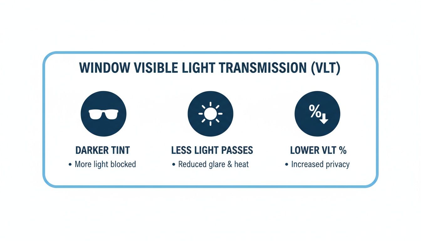 Infographic explaining Window Visible Light Transmission (VLT), showing how darker tints block light, reduce glare, and increase privacy.