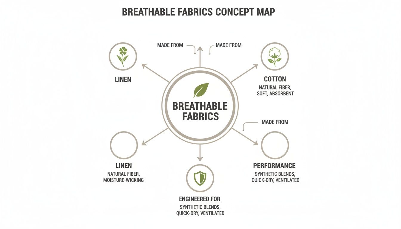 A concept map illustrating breathable fabrics, including linen, cotton, performance, and engineered materials with their key characteristics.