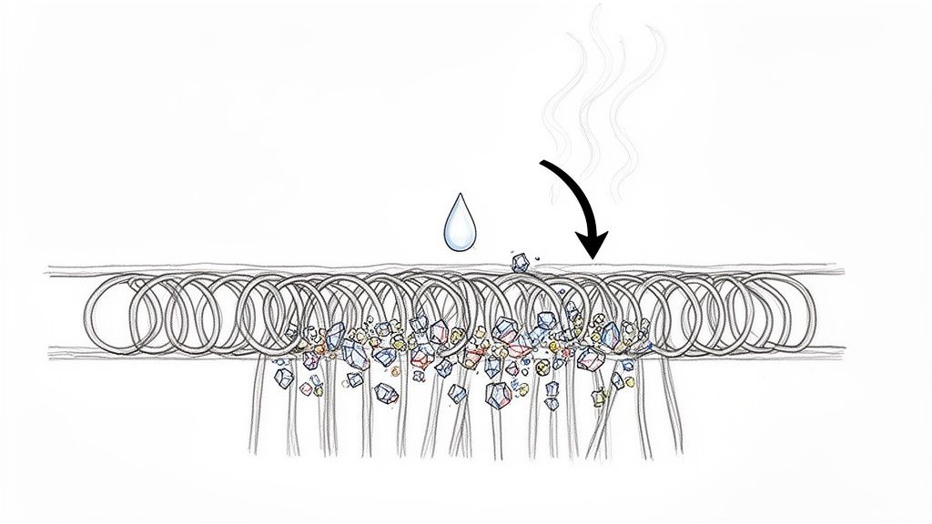 Illustrative diagram of a cleaning process, showing water and heat acting on dirt particles within fabric fibers.