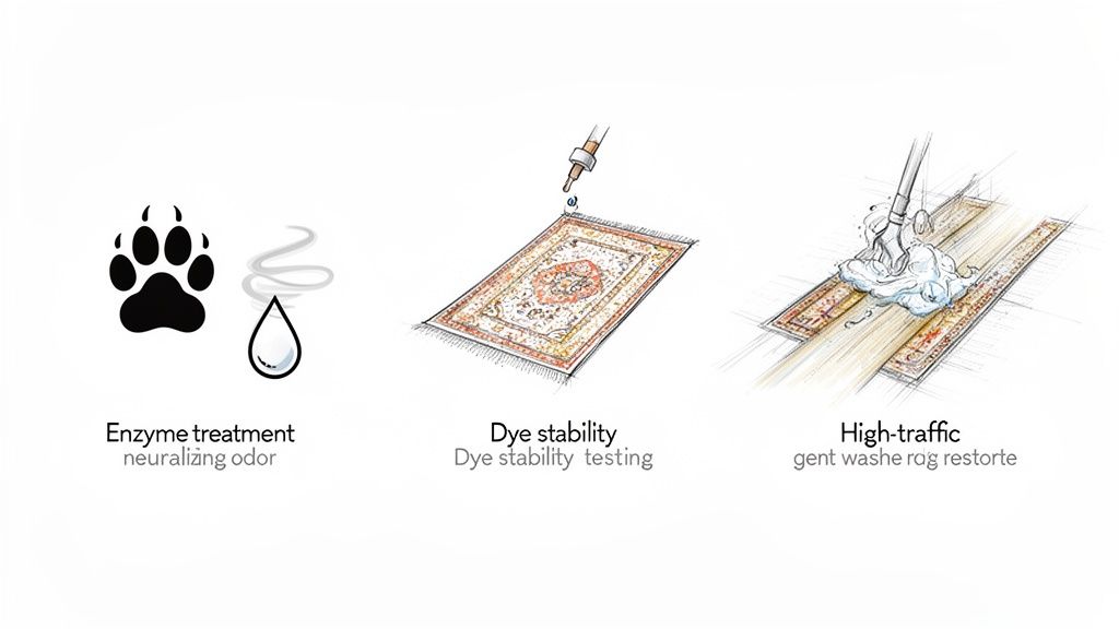 Illustrations depict carpet cleaning services, including enzyme treatment for pet odors, dye stability testing, and deep cleaning for high-traffic rugs.