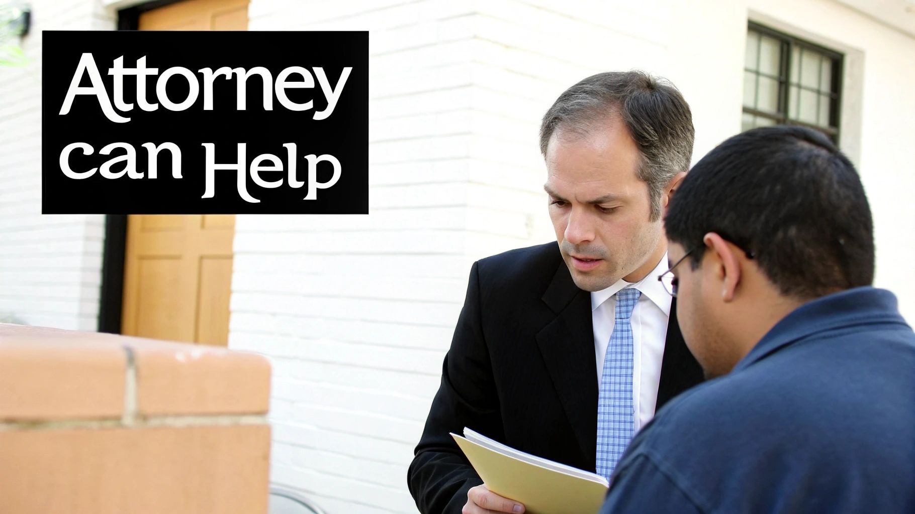 An attorney in a suit reviews documents with a client, with a sign 'Attorney can Help' nearby.