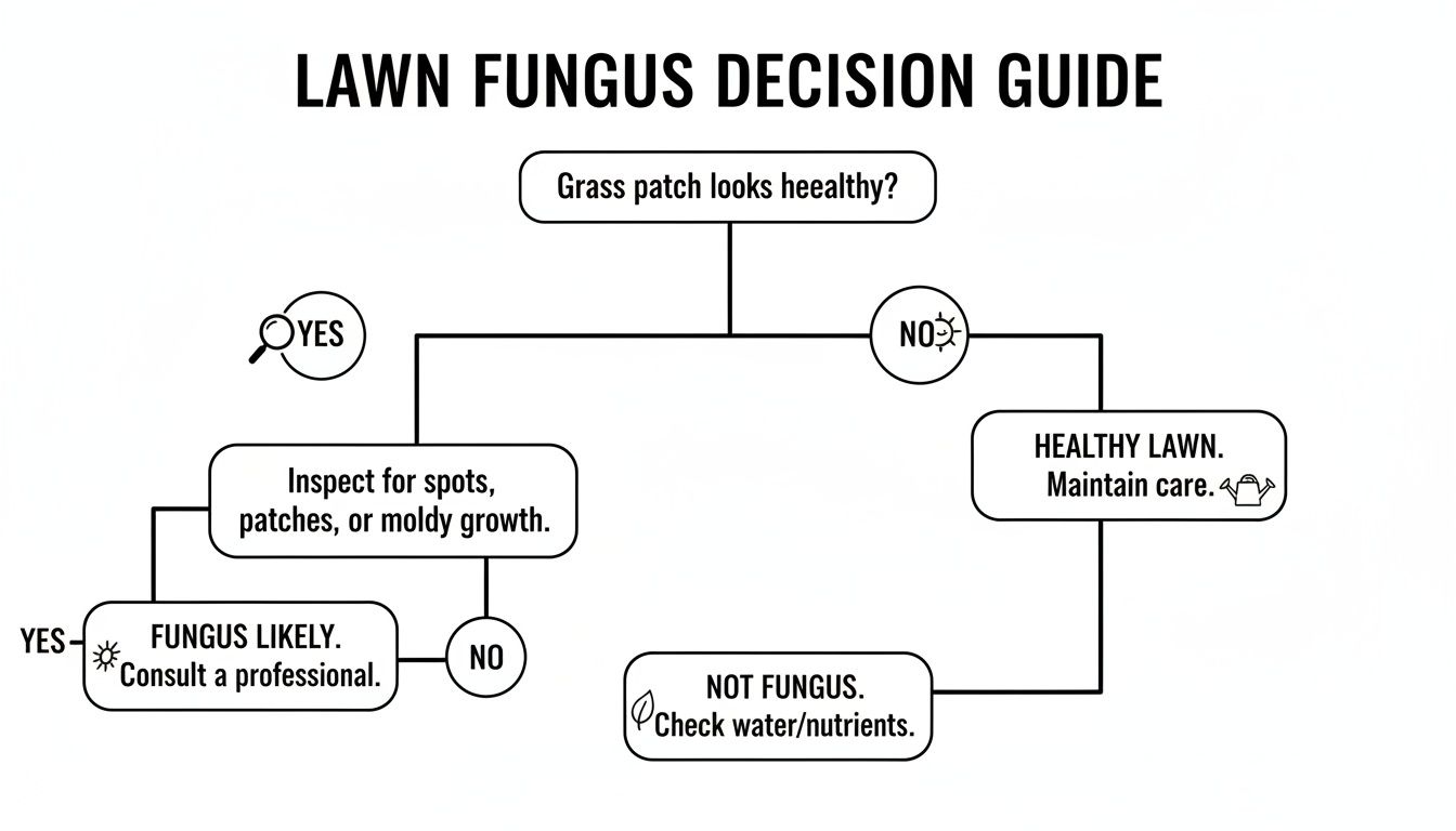 A flowchart decision guide for identifying lawn fungus, starting with 'Grass patch looks healthy?'.