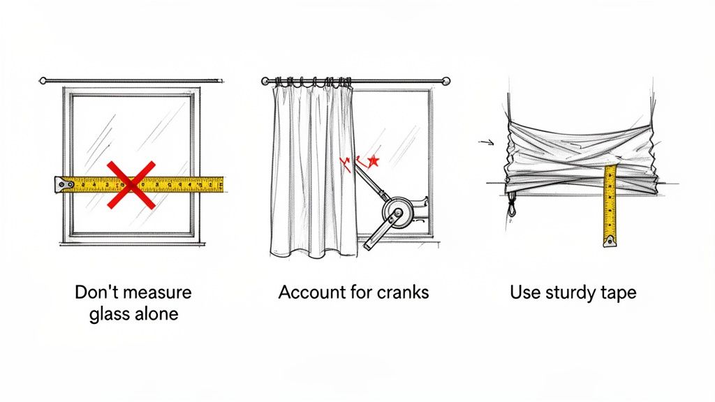 Illustrations showing tips for measuring windows for curtains, including avoiding measuring glass only, accounting for cranks, and using sturdy tape.