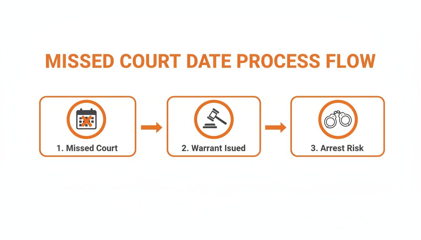A flow chart illustrating the consequences of missing a court date: missed court, warrant issued, and arrest risk.