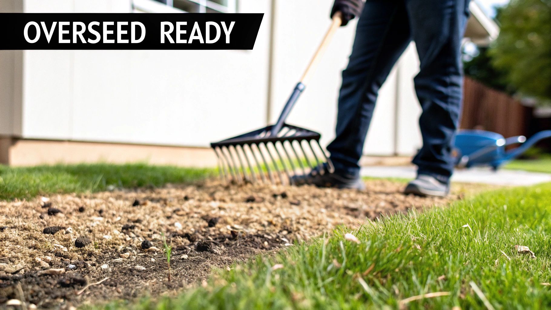 A person rakes a patchy lawn area, preparing the ground for overseeding, with green grass in the foreground.