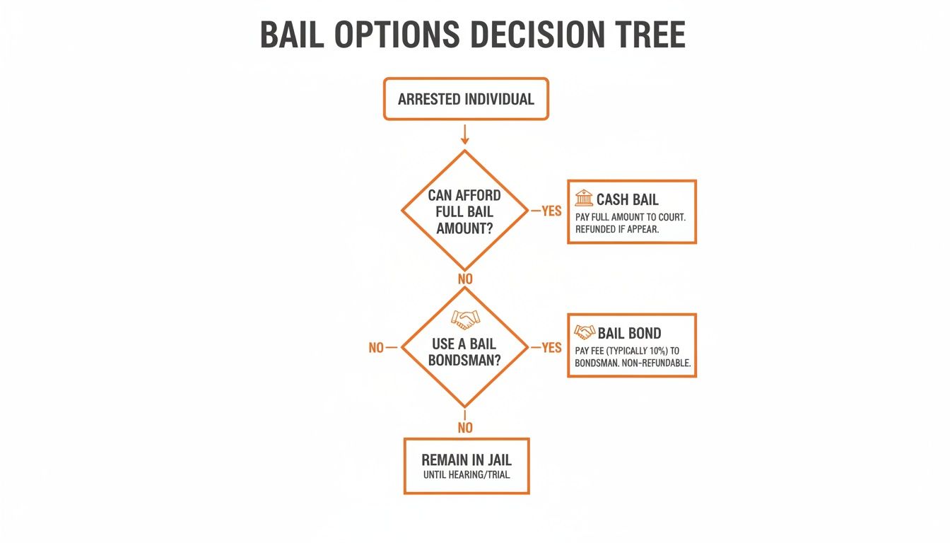 A decision tree flowchart illustrating bail options for an arrested individual, including cash bail, bail bond, or remaining in jail.
