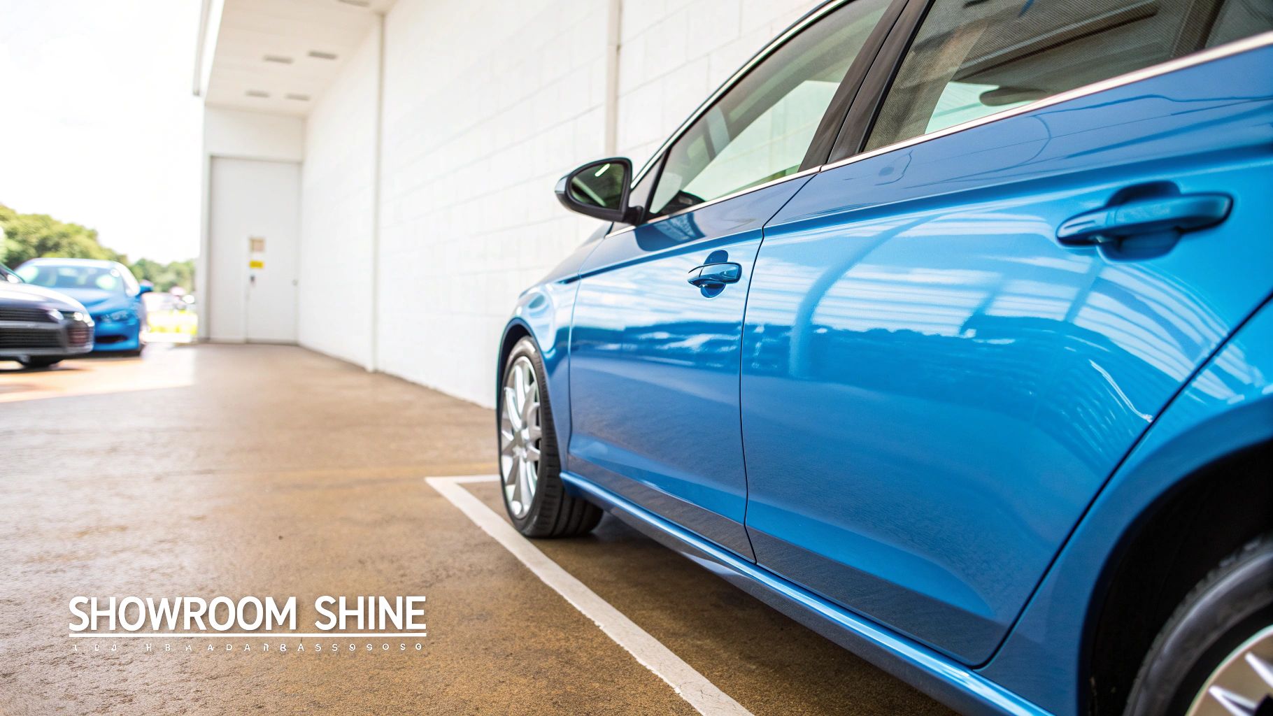 A vibrant blue car showcasing a brilliant, reflective paint finish in a well-lit car park.
