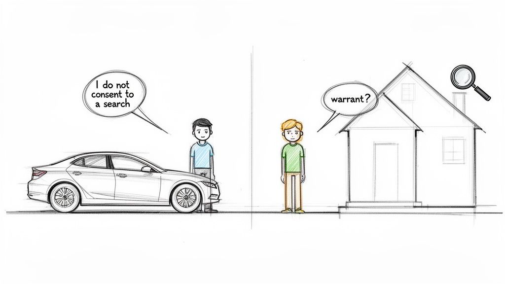 Cartoon illustrating Fourth Amendment rights with a person refusing a car search and another asking for a warrant for a house search.