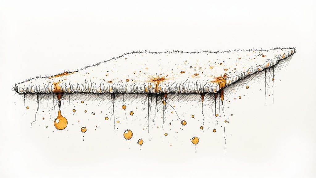 A textured, flat object, possibly a carpet or land, with brown liquid splatters and drips forming suspended drops.