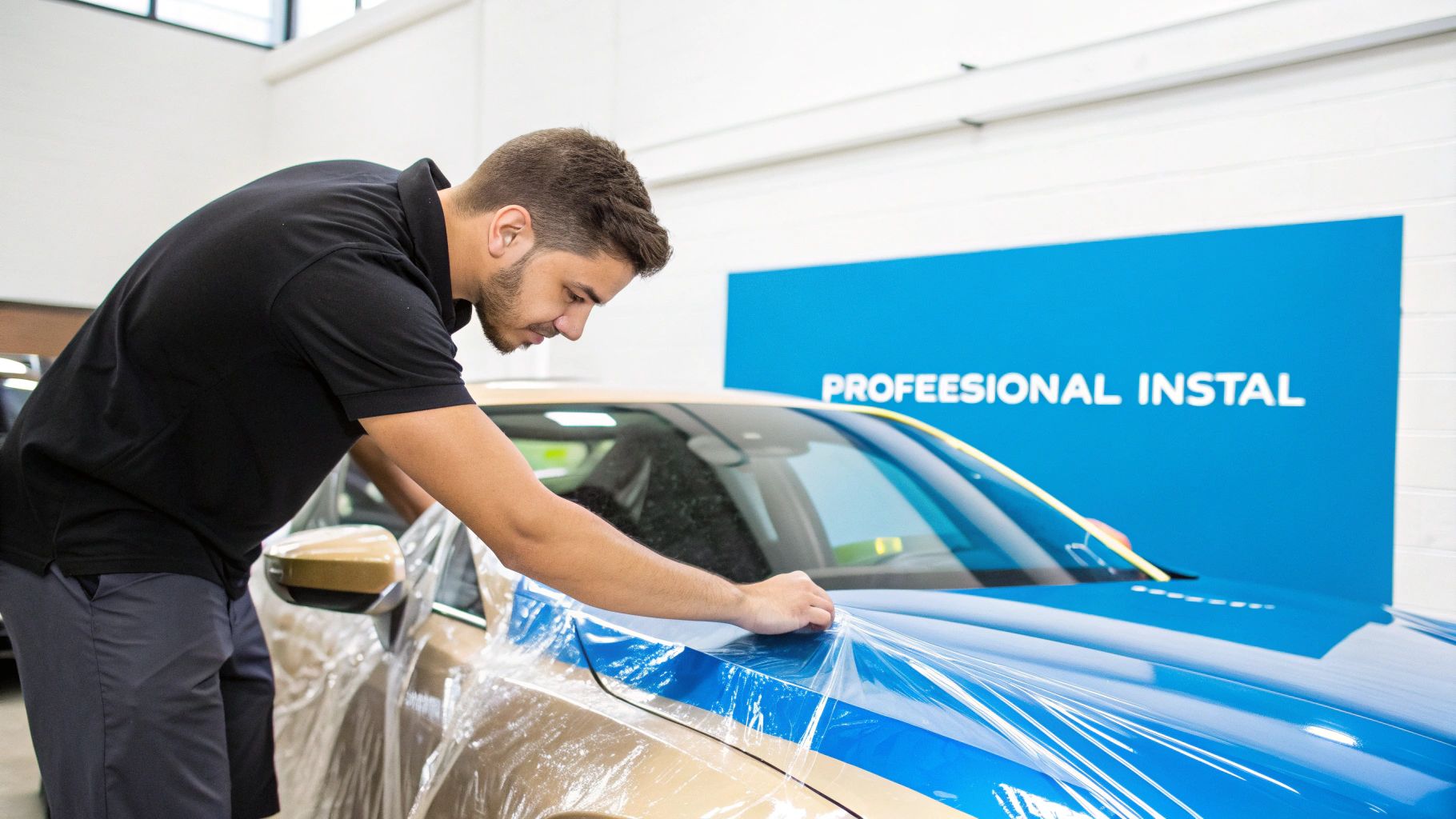 Professional installer meticulously applies transparent paint protection film (PPF) to a car's hood.