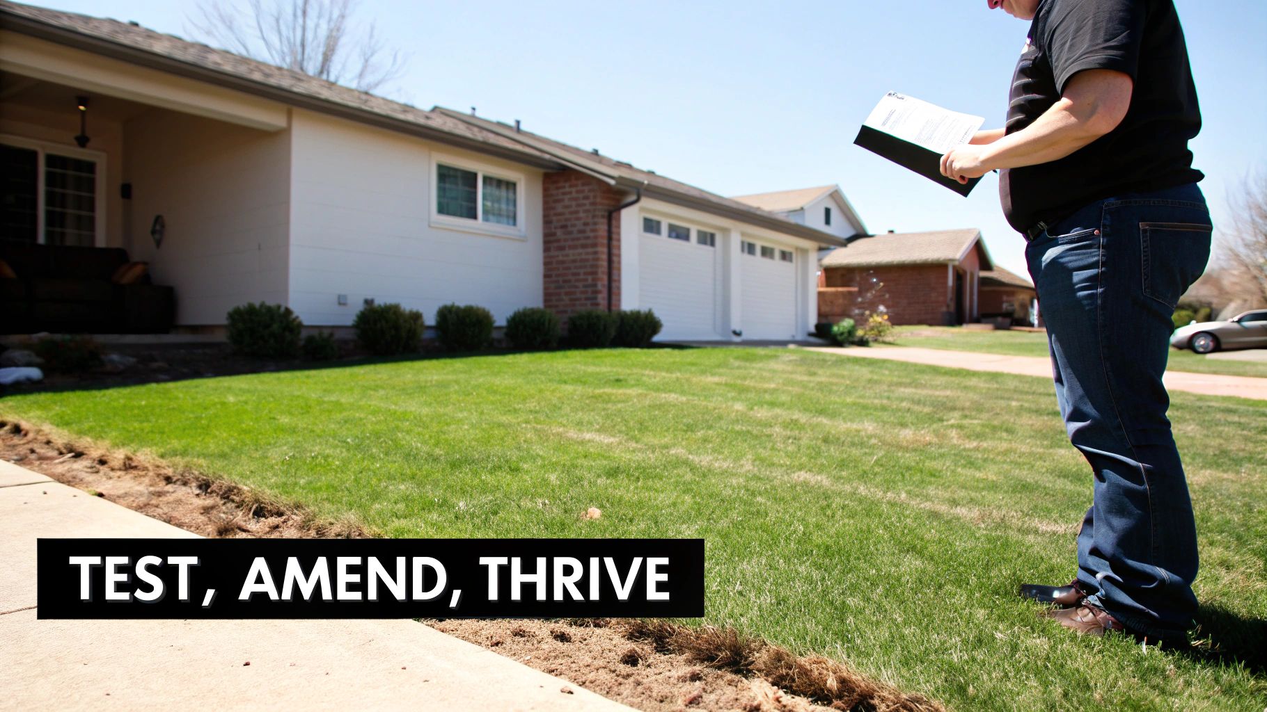 Professional lawn care inspector evaluating residential property grass condition with clipboard and documentation