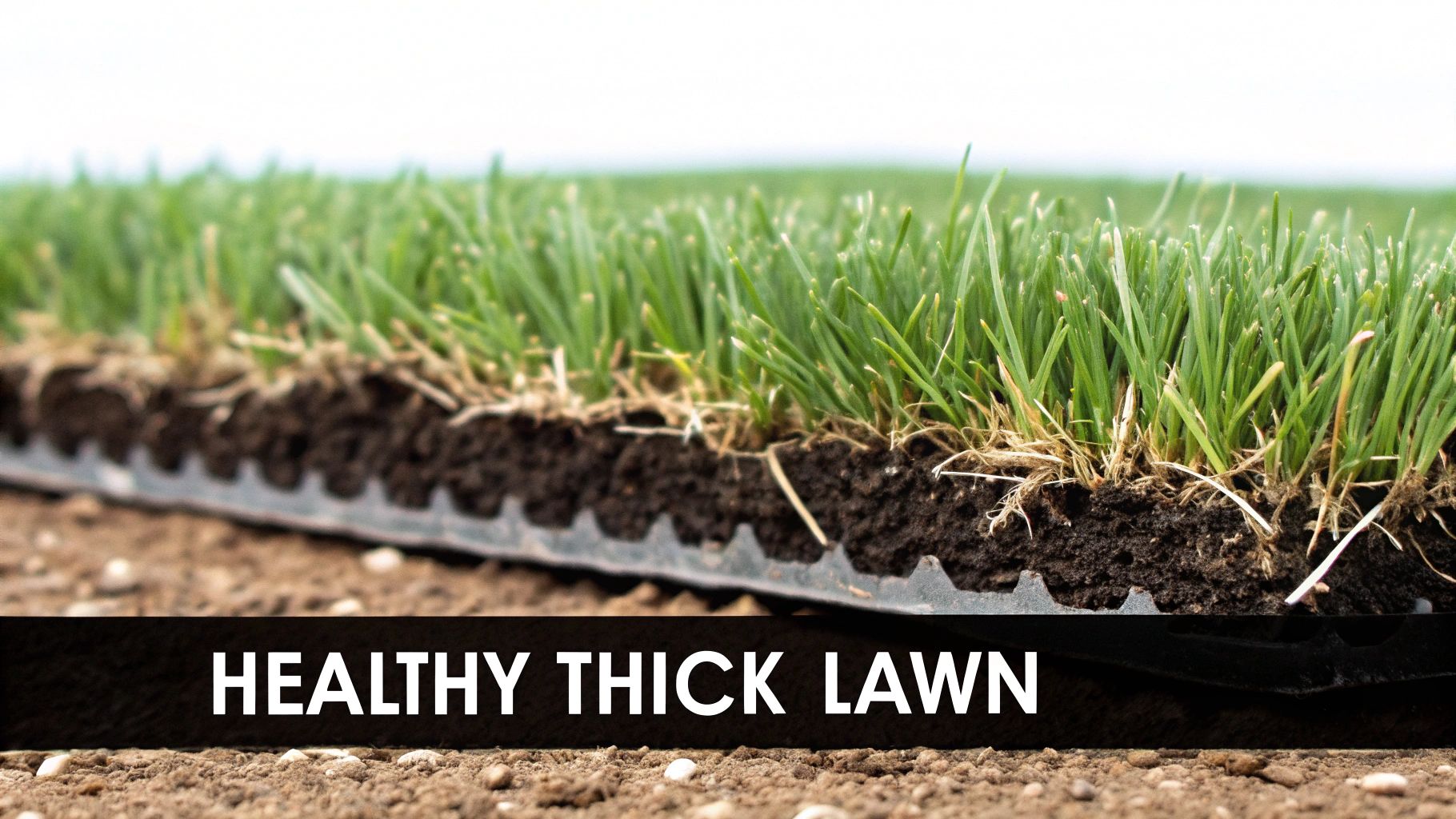 A close-up cross-section of vibrant green sod showing thick grass blades, soil, and roots on a base.