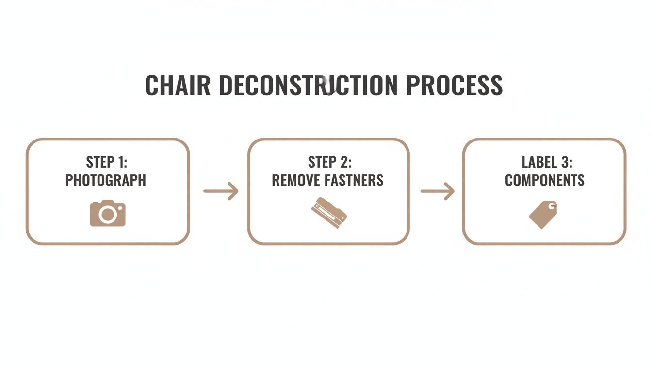 Flowchart illustrating the three-step chair deconstruction process: photograph, remove fasteners, and label components.