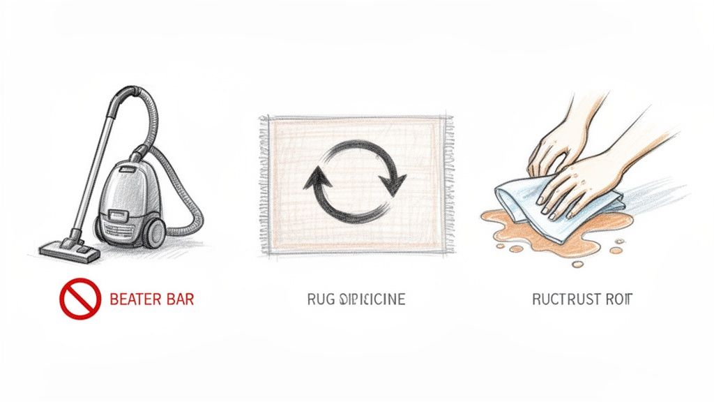 Three illustrations: a vacuum with 'no beater bar' sign, a rug with rotation arrows, and hands cleaning a spill.