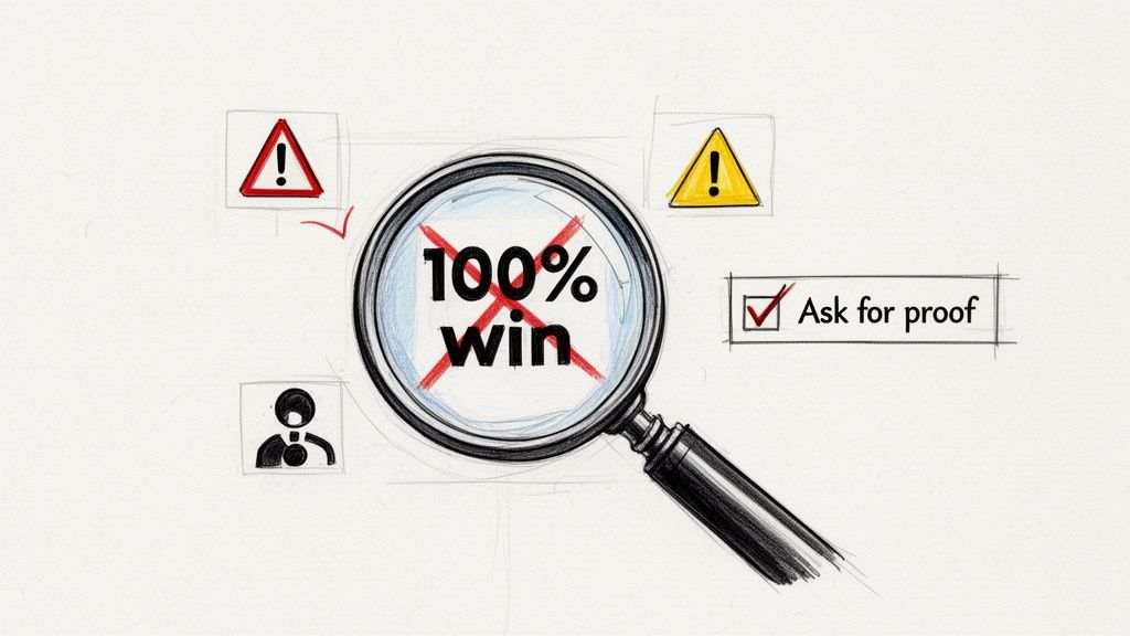 Sketch of a magnifying glass scrutinizing '100% win' with an X, accompanied by warning signs and 'Ask for proof'.