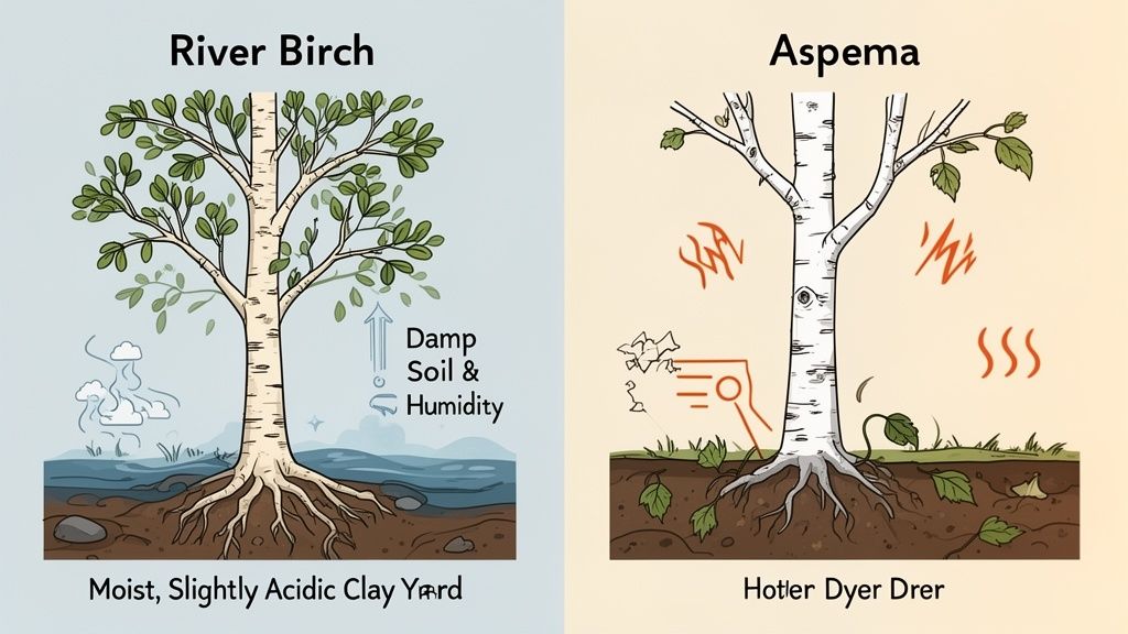 An illustration comparing River Birch growing in moist, humid soil and Aspema (Aspen) in hot, dry conditions.