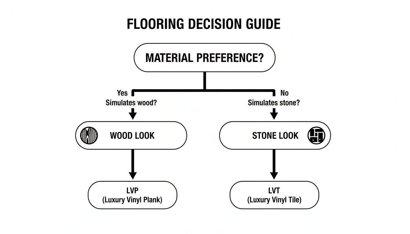 Flowchart titled 'Flooring Decision Guide' showing choices between LVP for wood look and LVT for stone look.