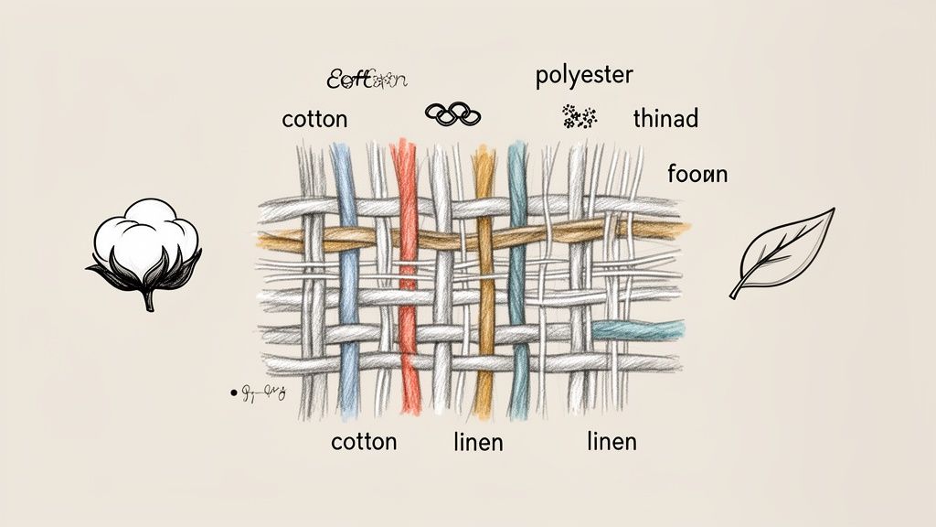 A detailed diagram illustrating different fabric types, including cotton, linen, and polyester, in a woven pattern.