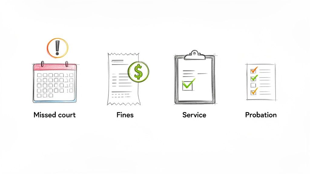 Illustrations showing missed court, fines, service, and probation as legal consequences of a bench warrant.