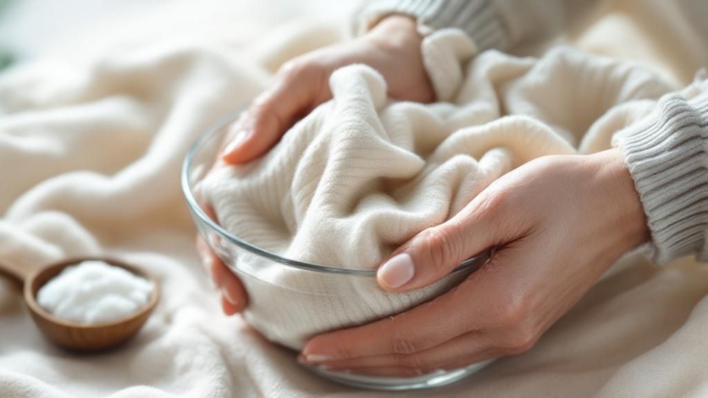 Woman carefully placing a cashmere sweater into a mesh laundry bag.