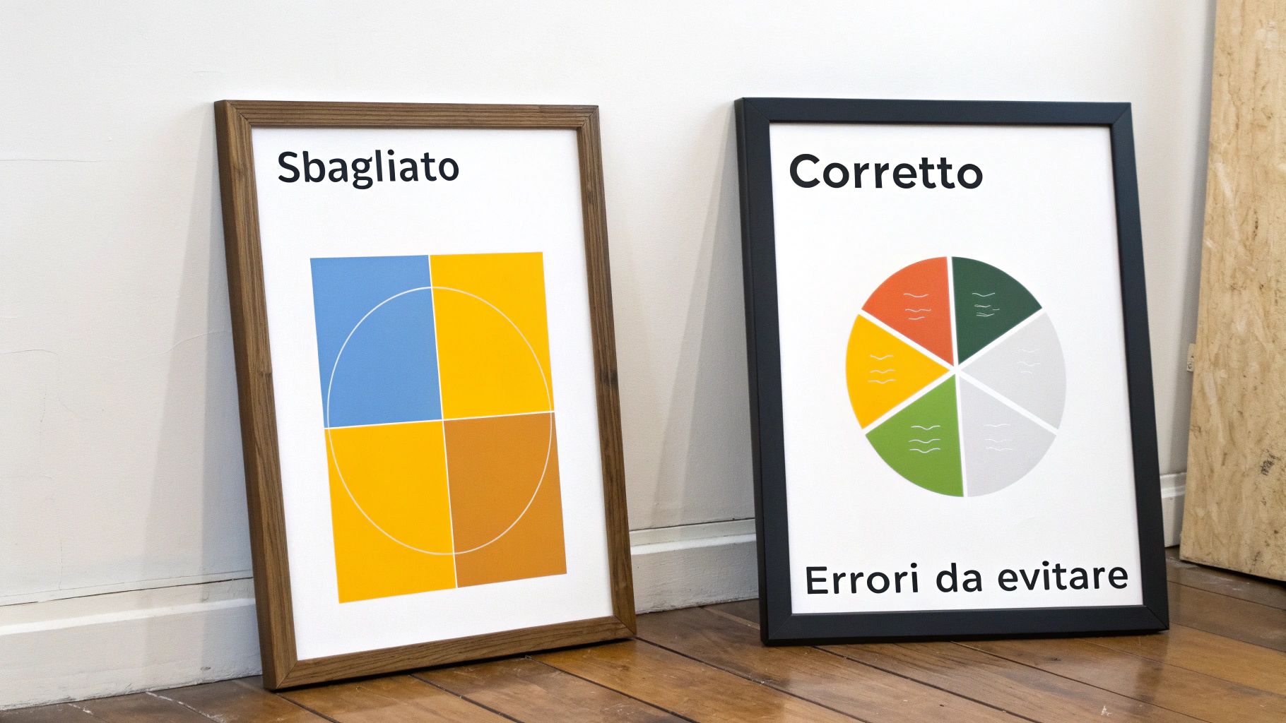 Due poster incorniciati illustrano esempi di visualizzazione dati: uno 'sbagliato' con quadrati e linee, uno 'corretto' con un grafico a torta.