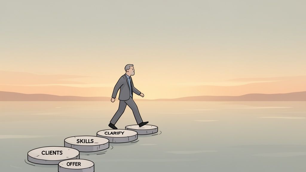 A professional walks on stepping stones with business terms like "SKILLS" and "CLIENTS" across water.