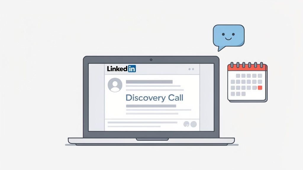 A laptop screen displays a LinkedIn message for a 'Discovery Call', accompanied by a calendar and a happy message icon.