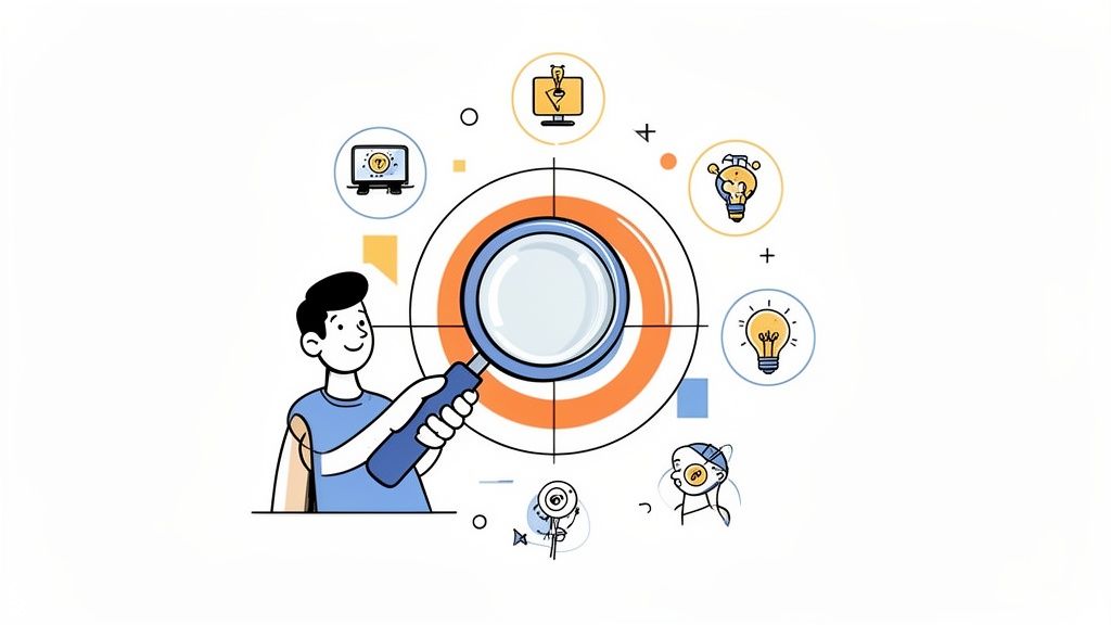 An illustration of a person holding a magnifying glass, examining a target surrounded by idea and tech icons.
