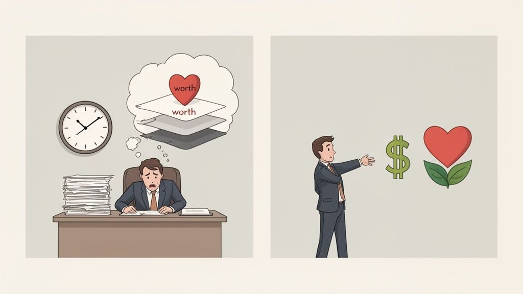A stressed worker ponders worth amidst stacks of papers, while another chooses money or love.