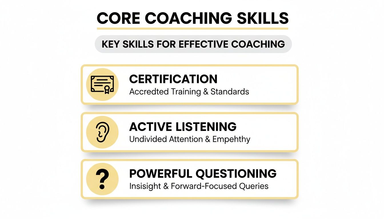 Infographic detailing core coaching skills: certification, active listening, and powerful questioning with icons.
