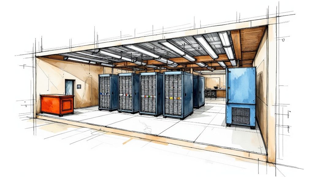 A row of server racks in a well-lit and secure data center facility
