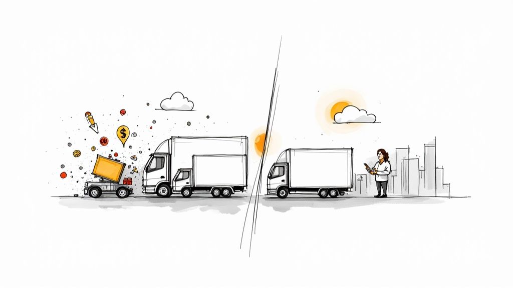 A modern office with employees collaborating around a large screen displaying data analytics.