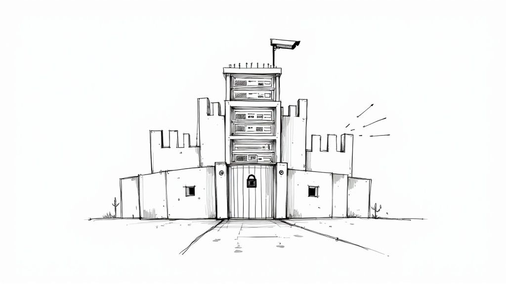 A secure data center aisle with blue lighting, representing robust cybersecurity infrastructure.