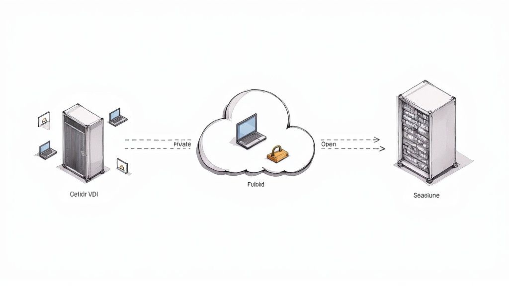 A secure, modern data center aisle with server racks, representing advanced infrastructure solutions.