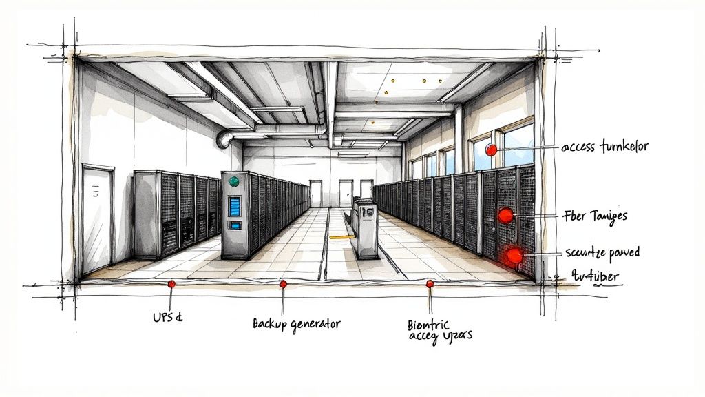 A well-lit and organized server room in a colocation data center.