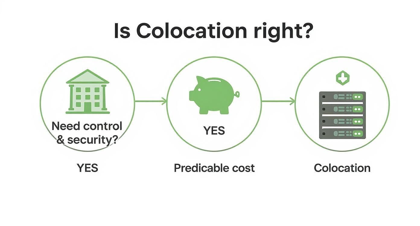 An infographic decision tree showing that the need for control, security, and predictable costs leads to choosing a colocation data center.