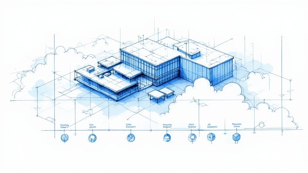 A blueprint for a building being reviewed, symbolizing strategic cloud migration planning.