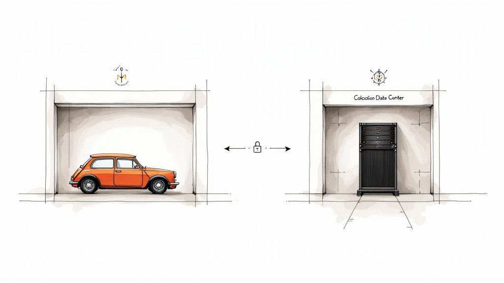 A server rack in a modern data center facility.