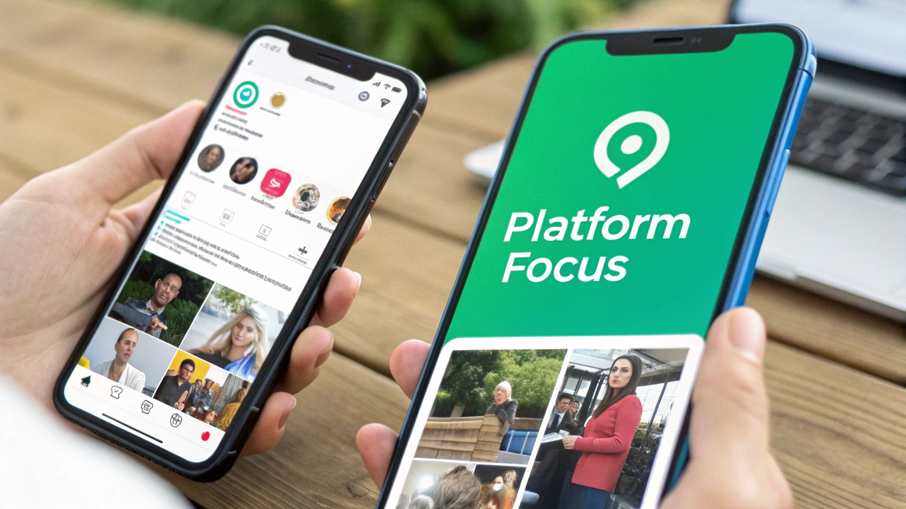 A person's hand holding a smartphone, with various social media app icons floating around it.