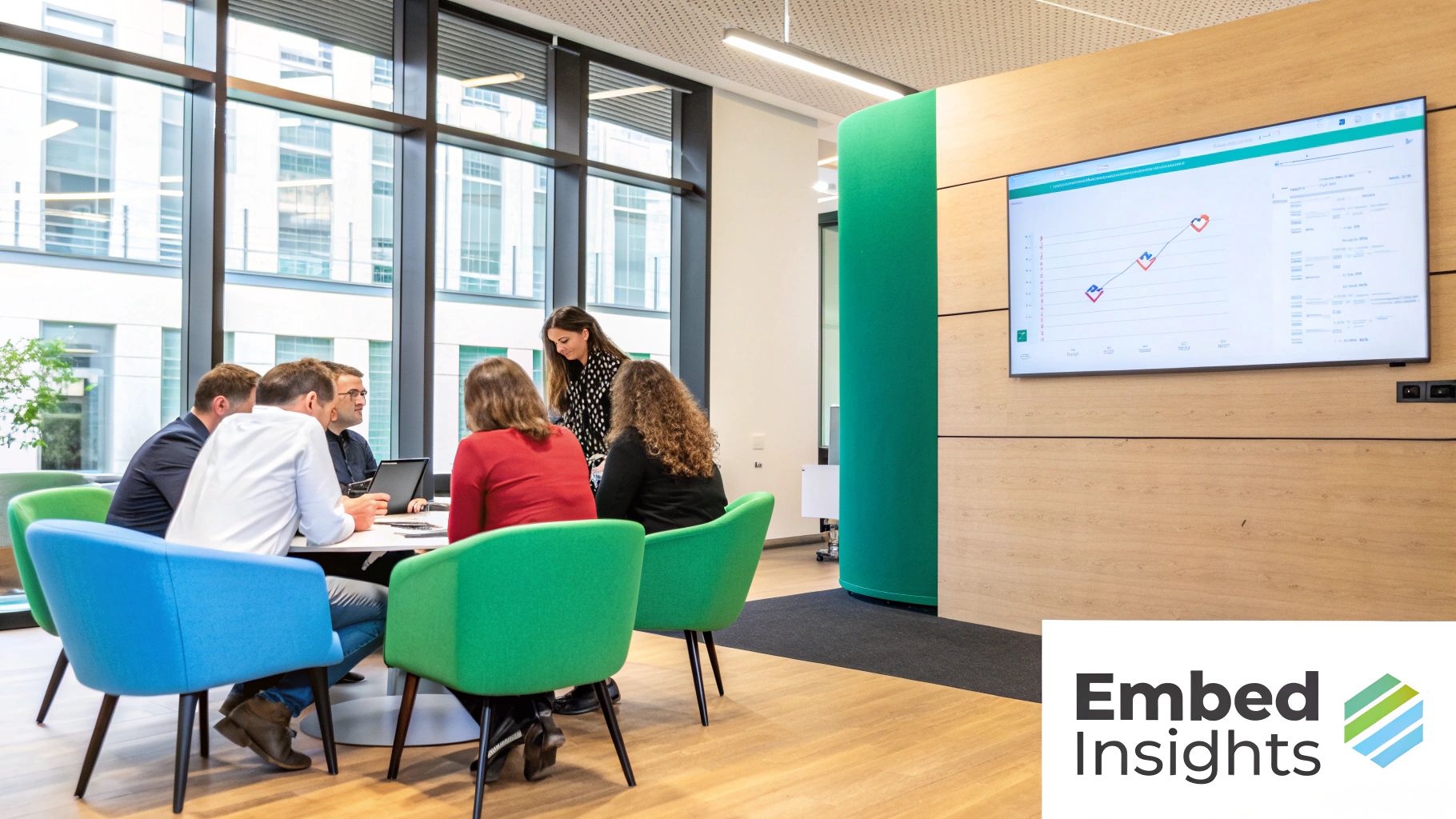 A team collaborating around a table, looking at charts and data on a screen, turning insights into strategy.