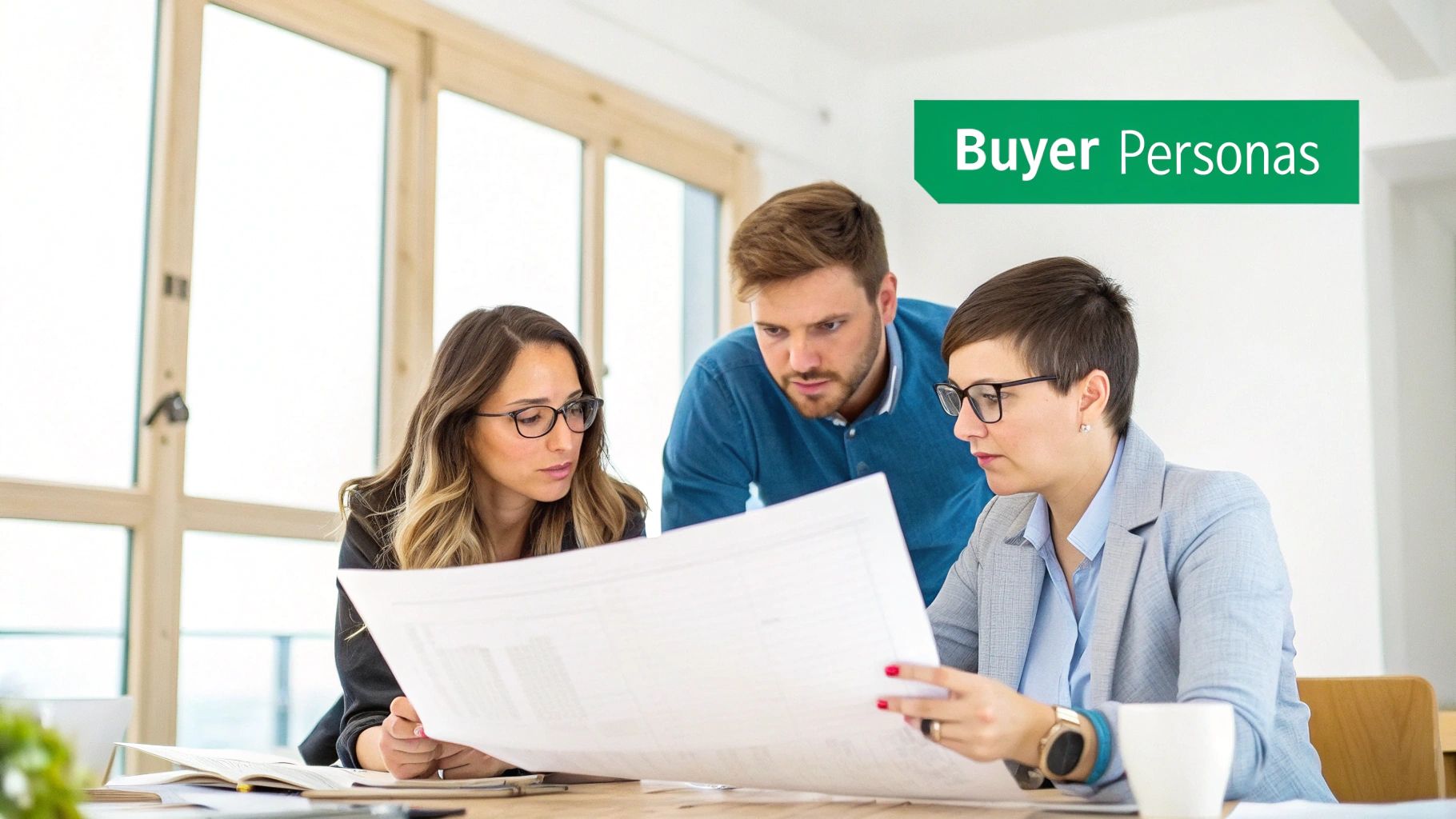 A diverse group of professionals collaborating around a table, illustrating the creation of buyer personas.
