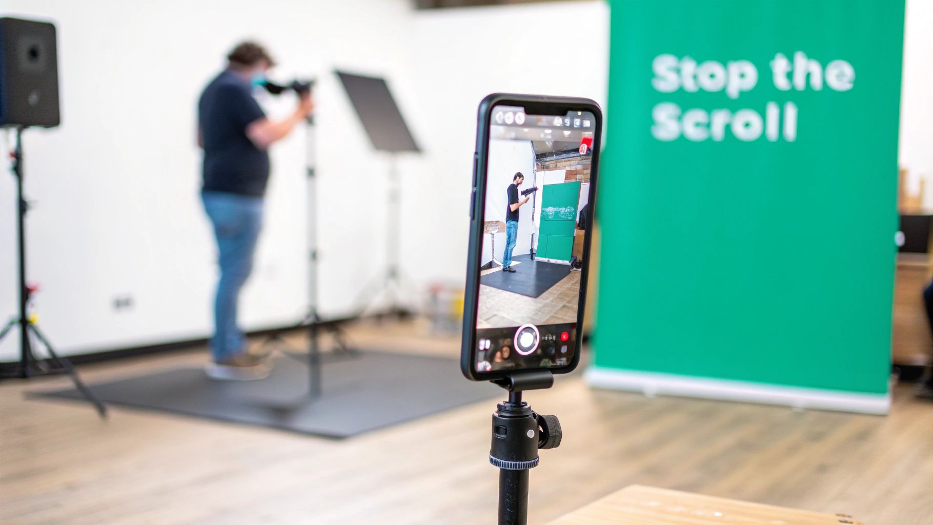 A person creating a short-form video on their phone, surrounded by engagement icons like hearts and comments