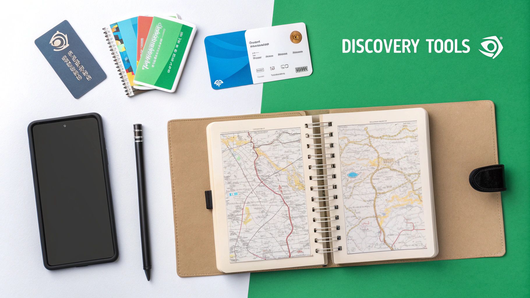 A collection of tools like a magnifying glass, notepad, and pen, symbolizing the customer discovery toolkit.