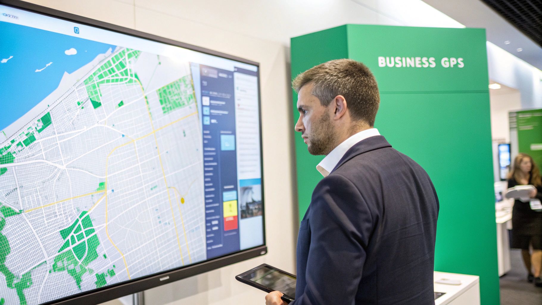 A group of professionals analyzing charts and data on a digital screen, representing market intelligence in action.