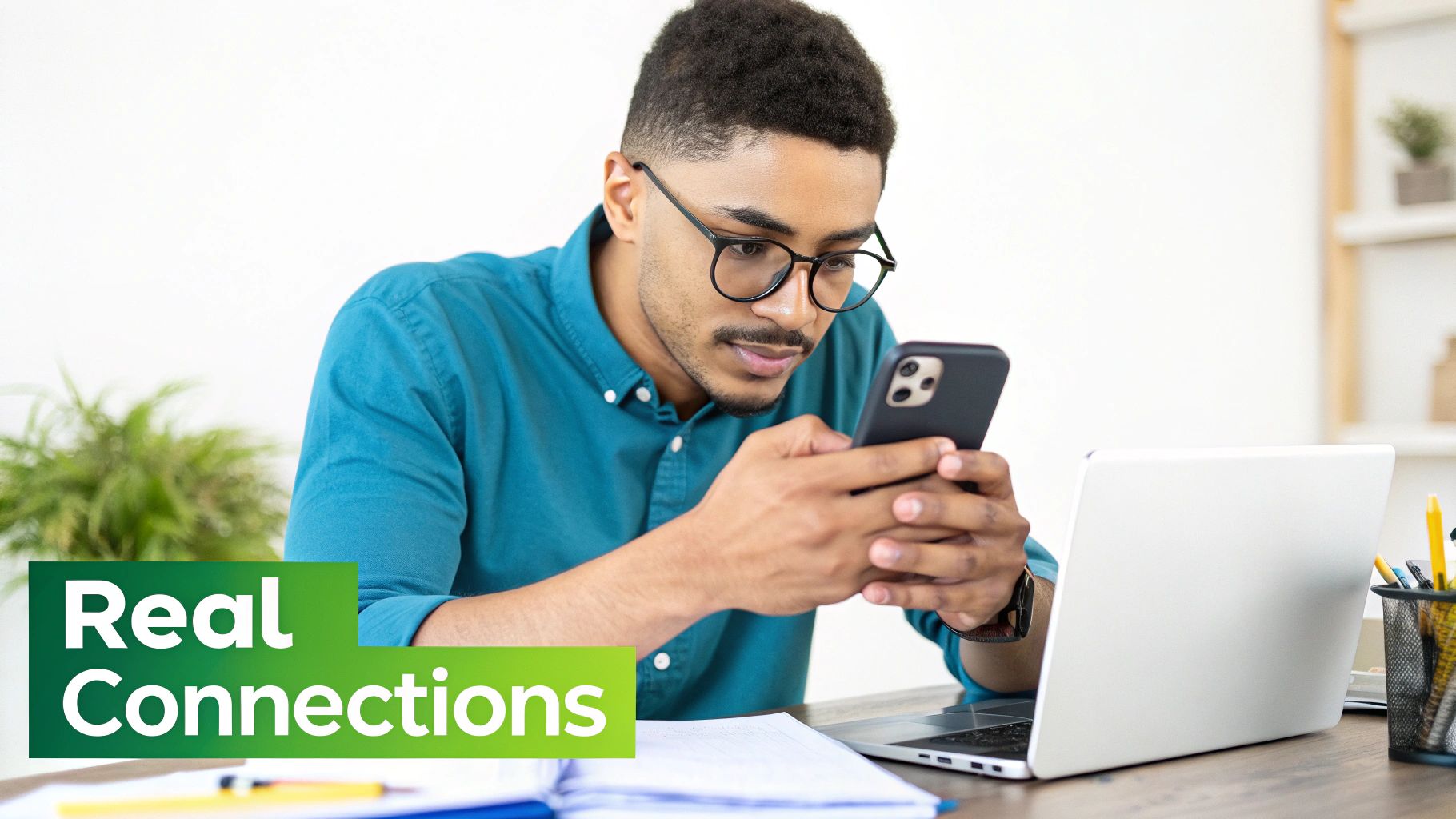 People collaborating and engaging with social media concepts floating around them