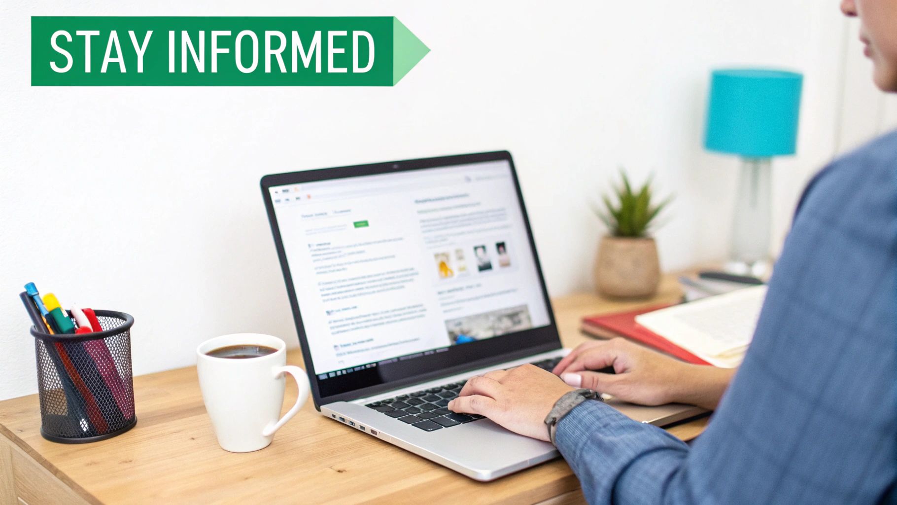 A person's hands typing on a laptop with the Google Alerts interface visible on the screen