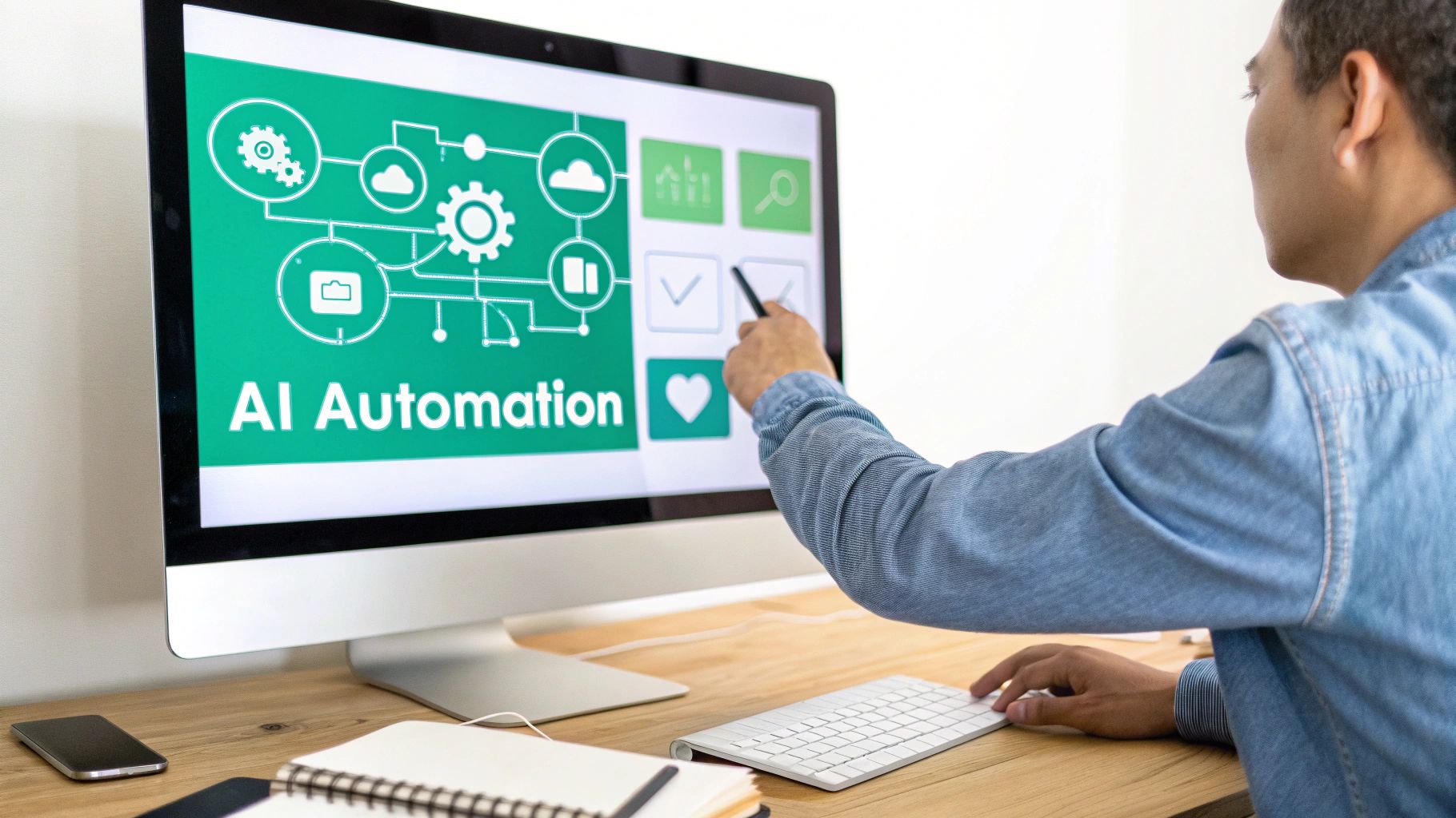 A person at a desk looking at a computer screen with question marks floating around, representing common questions about sales leads.