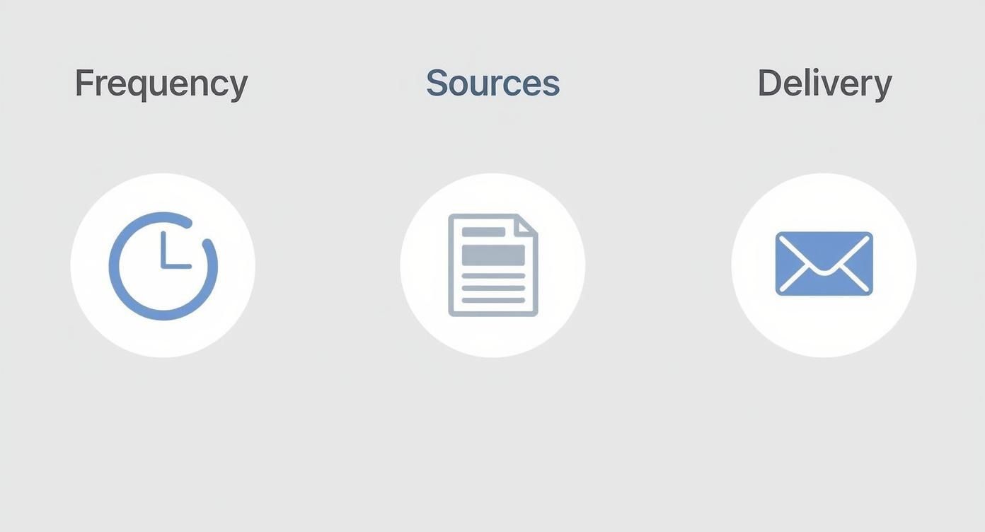 Infographic showing icons for Frequency, Sources, and Delivery for Google Alerts
