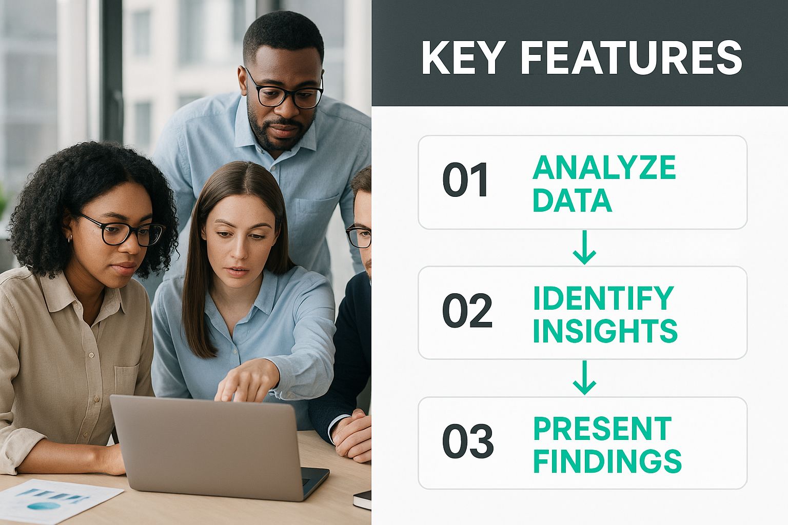 Infographic about conversation intelligence platforms showing a diverse team collaborating around a laptop analyzing data, with a text overlay in the upper right reading 'Key Features'.